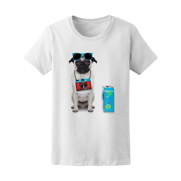 Traveler Tourist Pug Dog Camera T-Shirt Women -Image by Shutterstock, Female Medium