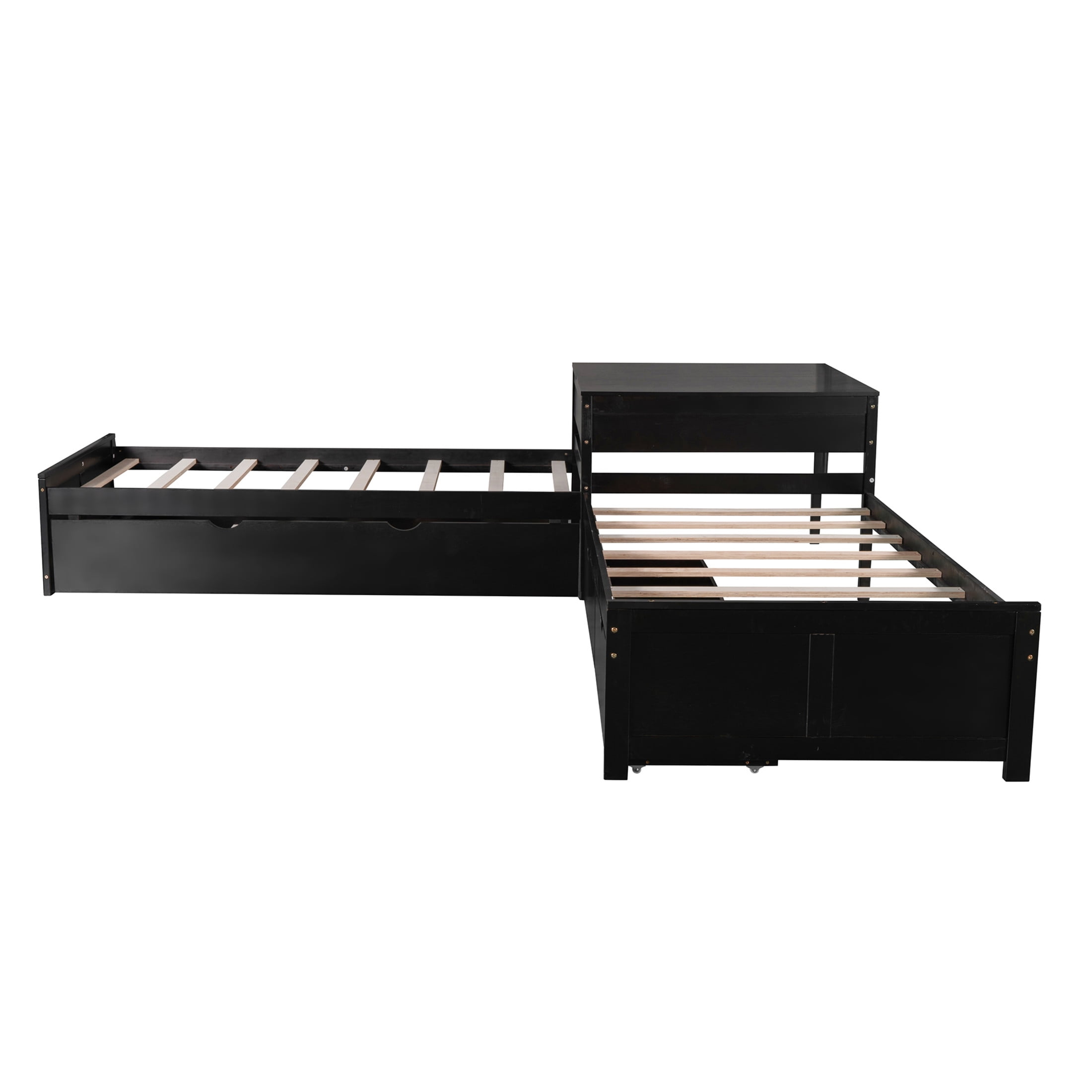 Noble House Solsto L-shaped Platform Bed with Trundle, Storage Drawers and Built-in Desk, Twin Size Corner Bed, Espresso