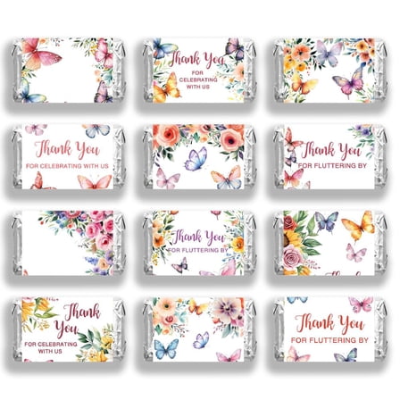 120 Pcs Thanks Mini Candy Bar Wrappers Butterfly and Flower Design Thank You Chocolates Bar Label Stickers for Guests Wedding Baby Shower Birthday Party Favors Gold
