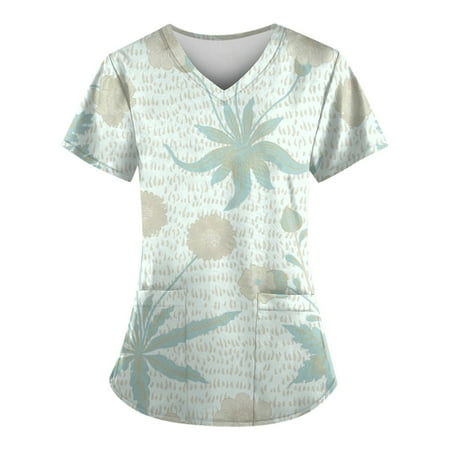 

TKing Fashion Independence Day Women Plus Size Scrubs Top V-Neck Short Sleeve Printed Pockets Work Blouse for Women White S