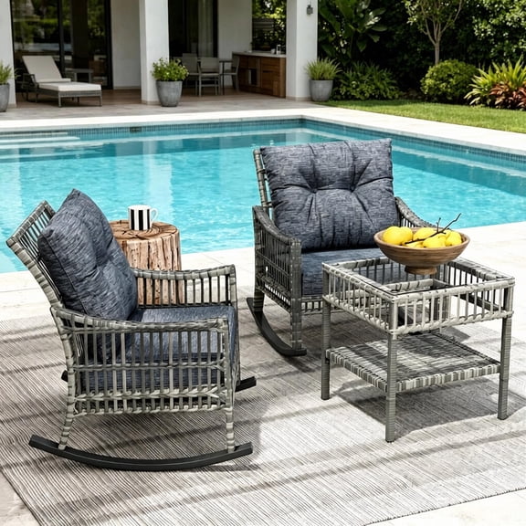 3-Piece Wicker Patio Furniture Set with Tempered Glass Coffee Table,Weatherproof PE Rattan,Cushions Rocking Chair,Outdoor Conversation Furniture for Backyard,Porch & Balcony
