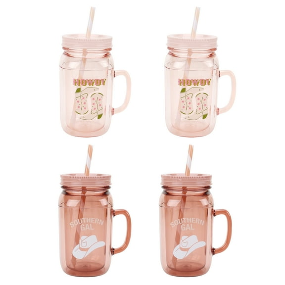 Just Feed Me by Jessie James Decker 4-Piece 32-Ounce Acrylic Mason Jar Set, Terracotta Rose and Blush Pink