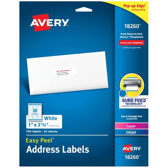 Etiquetas de dirección imprimibles Avery Easy Peel, 1 x 2.6 pulgadas 750, blancas