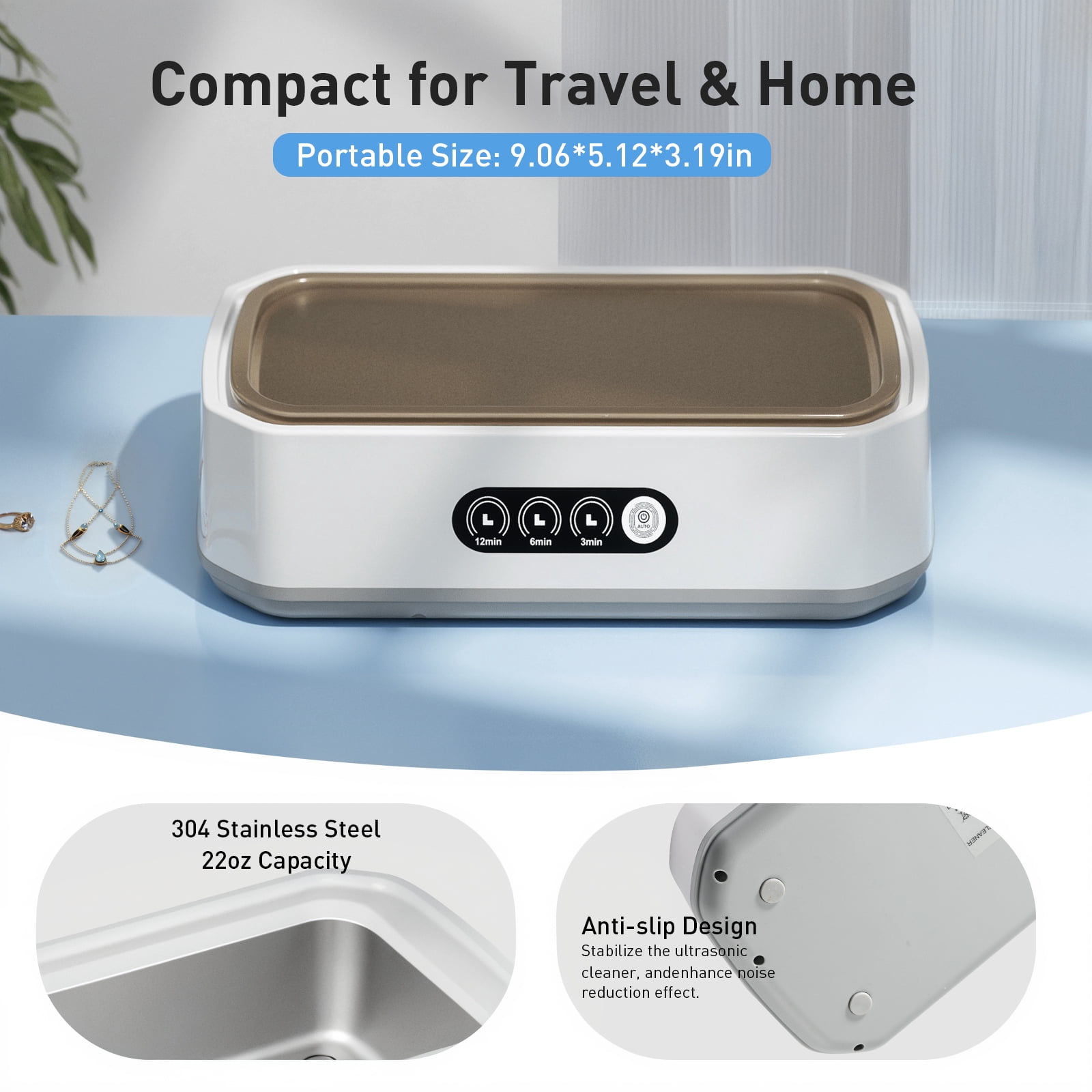 Skdwakiz Ultrasonic Jewelry Cleaner, 50KHz Ultrasonic Cleaner Machine for Jewelry, Rings, Glasses, Watch Strap, 3 Cleaning Modes with Digital Timer, 22oz, 304 Stainless Steel Water Tank