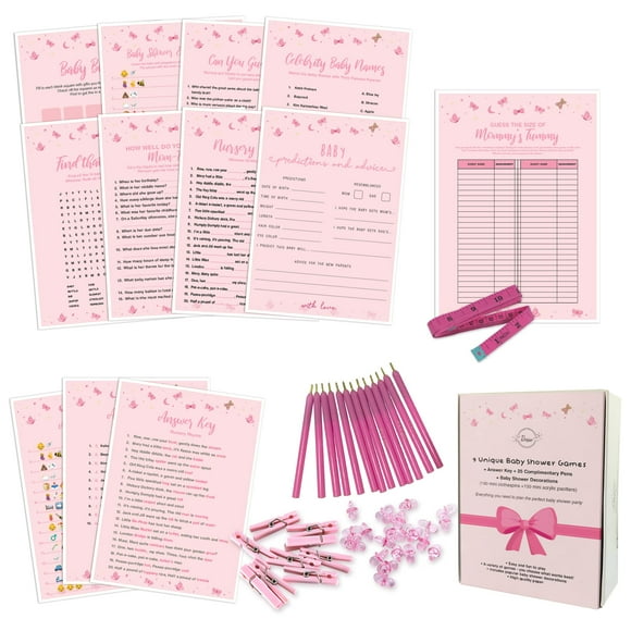 Dessie Jeux de Baby Shower pour Filles - Ensemble Ultime de Jeu de Baby Shower - 9 Jeux de Baby Shower Uniques pour Fille, 100 Mini Pinces à Linge, 100 Mini Sucettes en Acrylique, 25 Stylos