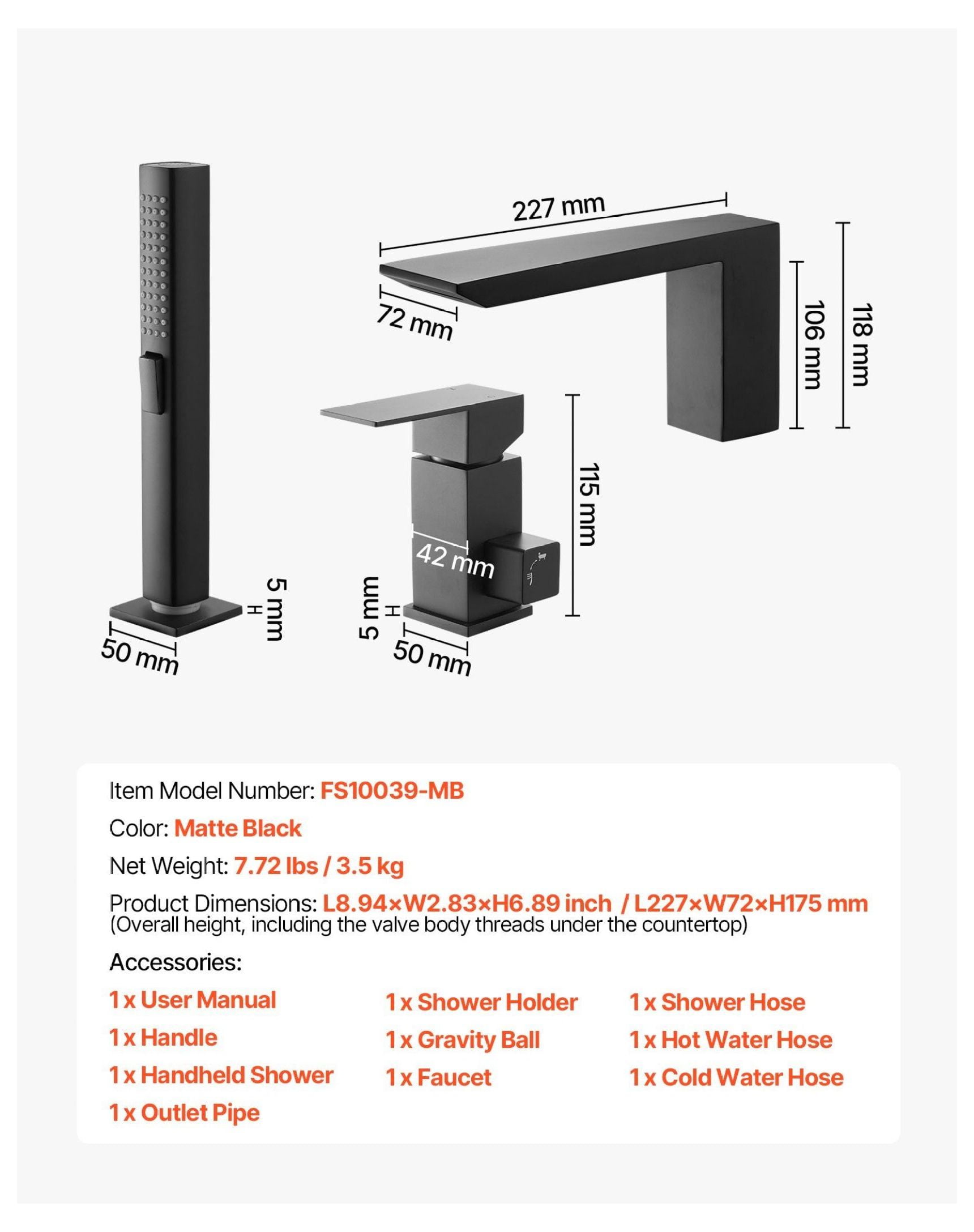 Roman Tub Faucet 3 Hole, Waterfall Bathtub Faucet with Shower Head, Matte Black Tub Spout, Stainless Steel Roman Bathtub Faucets for Adult Bathing & Pet Washing