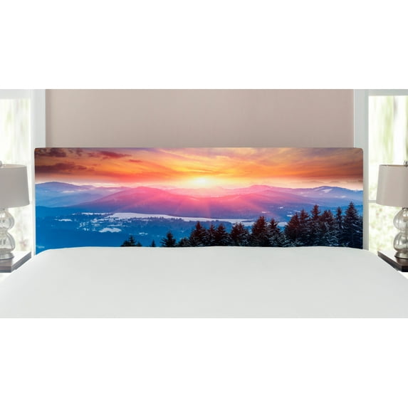Winter Headboard, Sunset in Mountains with Sky with Dawn Horizon Theme, Upholstered Decorative Metal Bed Headboard with Memory Foam, King Size, Orange Blue, by Ambesonne