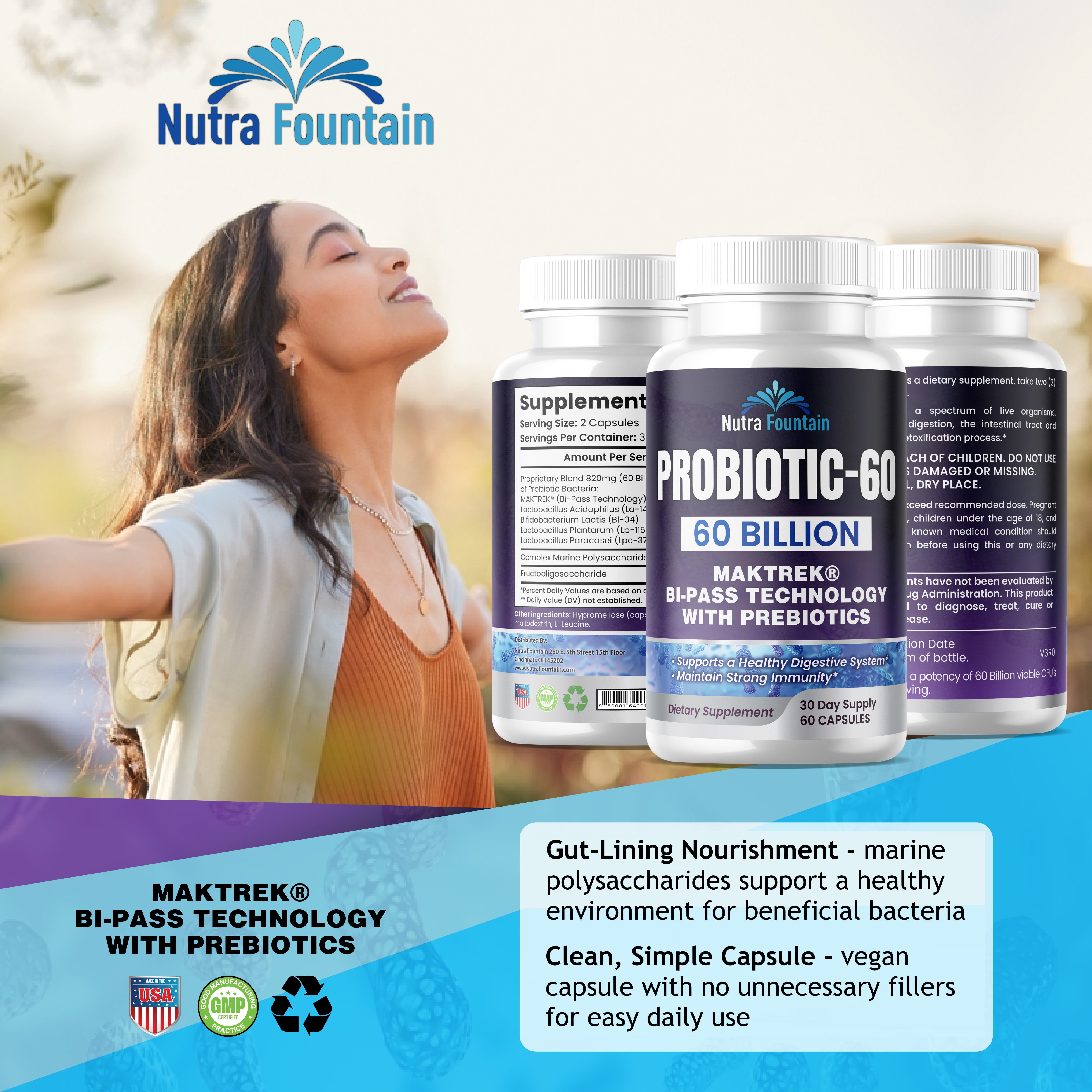 Probiotic 60 Billion CFU - MAKTREK B-Pass Technology with Prebiotics - 6- Capsules