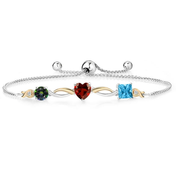 Gem Stone King Keren Hanan 2.35 Ct Green Mystic Topaz Red Garnet 925 Silver and 10K Yellow Gold Lab Grown Diamond Bracelet for Women