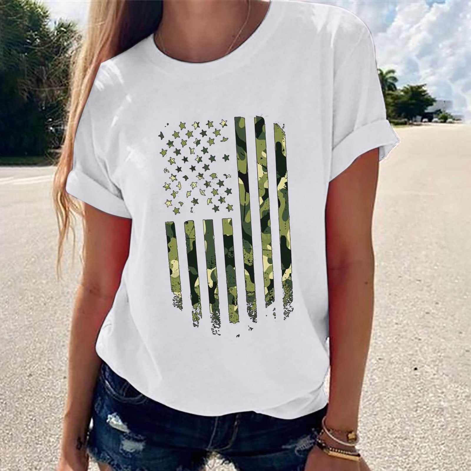 CYMMPU Short Sleeve Patriots Tshirt Tees Clearance Women's 4th of July  Independence Day Trendy Country Shirts Summer Tunic American Flag Printed  Fashion Tops Round Neck Tshirts White L 