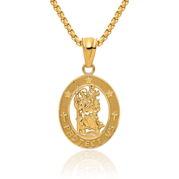 14K Solid Yellow Gold Saint Christopher Medal Patron of Travelers Athletes Protection Necklace Christian Religious Chain Pendant Faith Charm