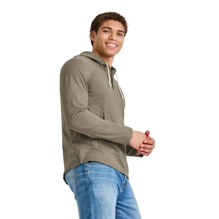 Hanes Men s Originals Lightweight Hooded Sweatshirt with Henley Collar Sizes S 3XL