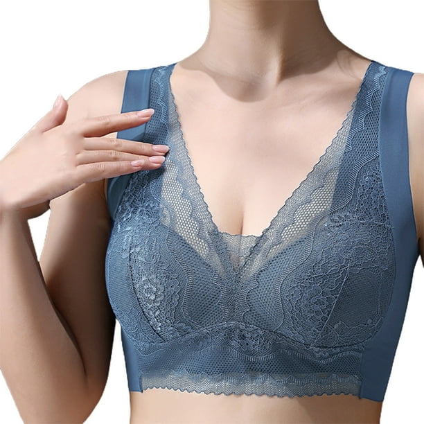 Aayomet Sports Bras for Women Fixed Cup Wide Shoulder Anti Droop and Side  Breast Sexy Bra (Blue, XL)