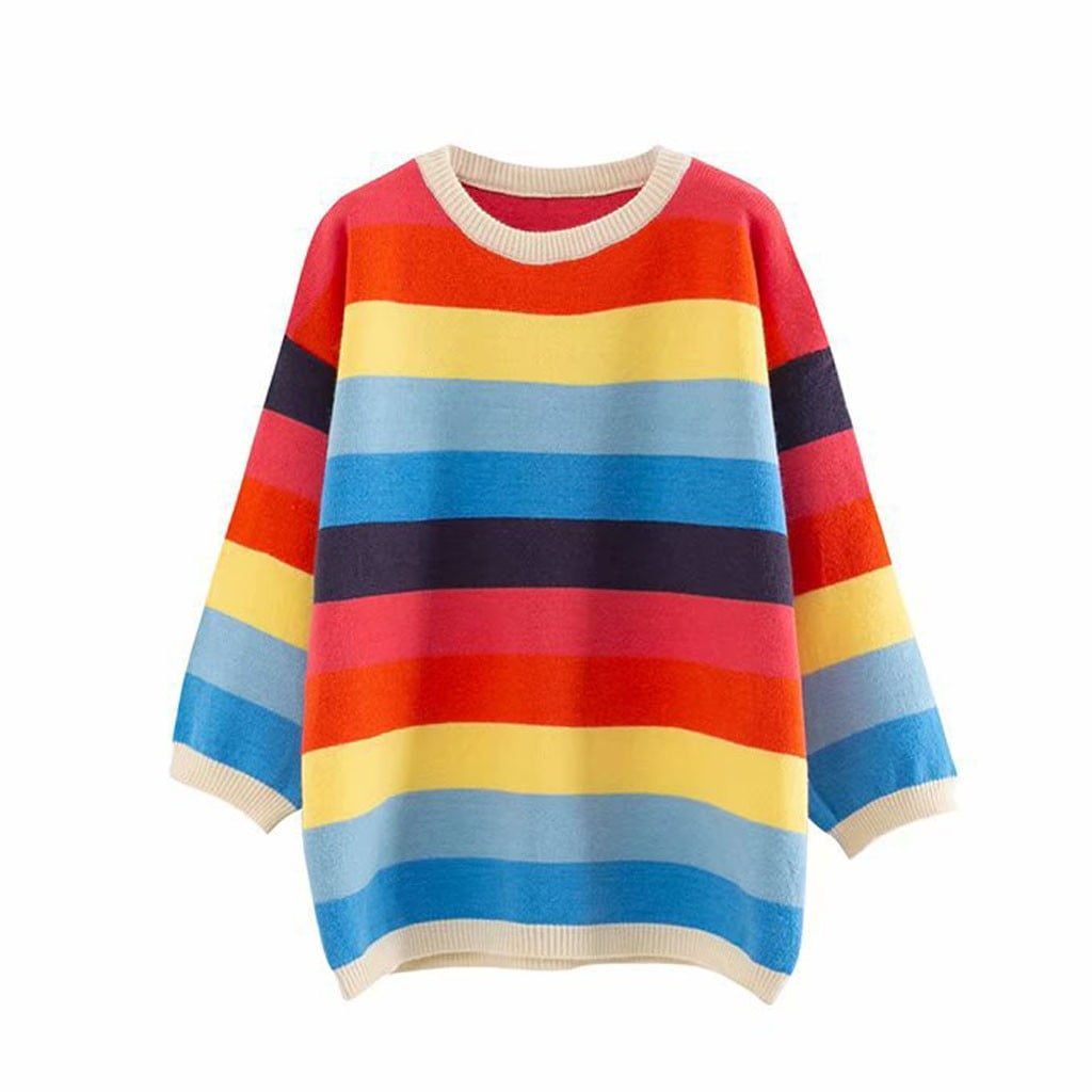 white sweatshirt with rainbow stripe