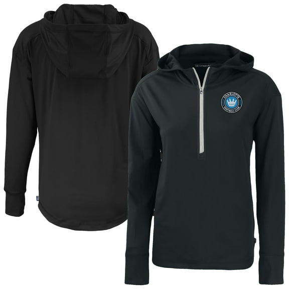 Women's-Cutter & Buck Black Charlotte FC Daybreak Eco Recycled Half-Zip Hoodie