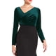 thumbnail image 4 of INSPIRAR CHIC Blusa de terciopelo de manga larga con cuello arrugado asimétrico para mujer, ajustada y elegante, 2XL, verde oscuro, 4 of 4