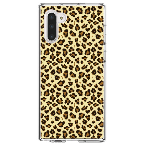 DistinctInk Clear Shockproof Hybrid Case for Samsung Galaxy Note 10 (6.3" Screen) - TPU Bumper, Acrylic Back, Tempered Glass Screen Protector - Black Beige Tan Leopard Skin Spots