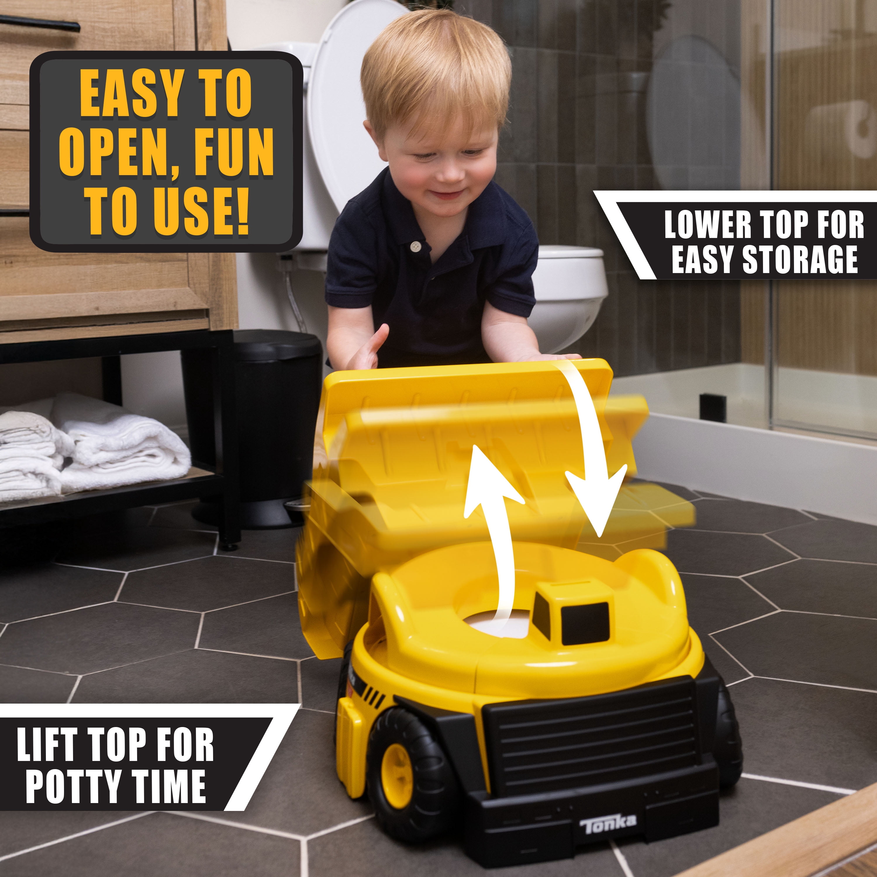 Tonka Dump Truck Potty Trainer for Toddlers, 2-in-1 Potty Chair and Potty Ring with Splash Guard, Built-In Handles, Easy Clean Removable Pot