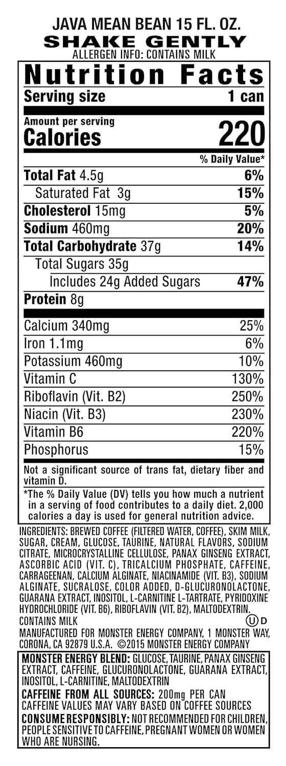 Monster Energy Java Monster Mean Bean, Coffee + Energy Drink, 15 Fl Oz (Pack of 16)