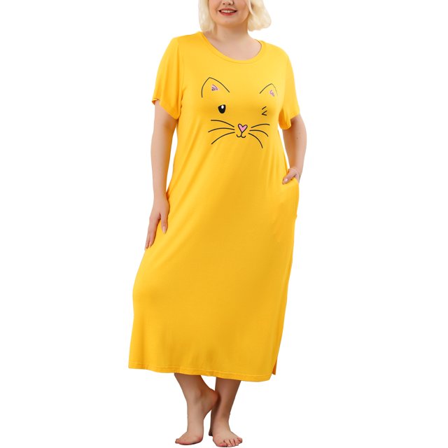 Women's Plus Size Nightgown Cat Print with Pocket Sleep Dress Sleepwear Yellow 3X
