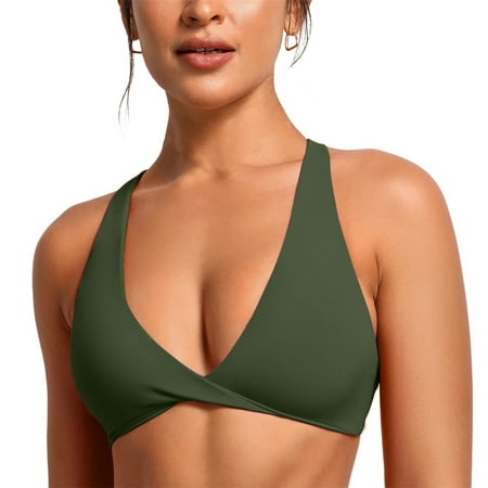 Duoif Bikini Top Womens Butterluxe Front Sports Bra Deep V Neck Crop Top Strappy Back Bra with Nipple Bra Swimsuit Tops for Women Army Green XS