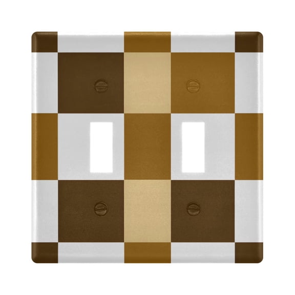 Brown White Check Pattern Toggle Switch Wall Plate 2-Gang Unbreakable Durable PC Flush Fit Round Edge 4.48x4.56in