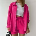 thumbnail image 4 of Women 2 Piece Outfits Long Sleeve Button Down Shirt And Shorts Set Casual Sweatsuits Crinkle Crepe Shirts Loungewear Hot Pink XL, 4 of 5