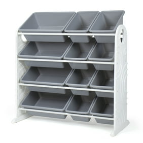 Your Zone Children Plastic and Metal Toy Storage Racks with 12 Storage Bins, Gray and White