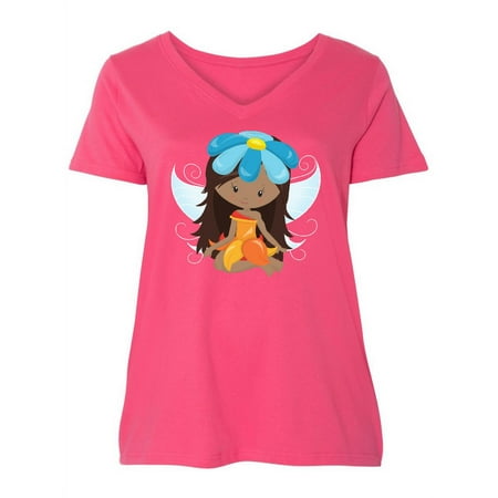 

Inktastic African American Fairy Fairy With Blue Flower Women s Plus Size V-Neck