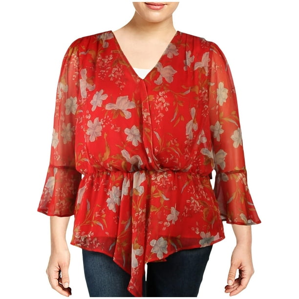 Vince Camuto - Vince Camuto Womens Plus Chifon Floral Print Blouse Red ...