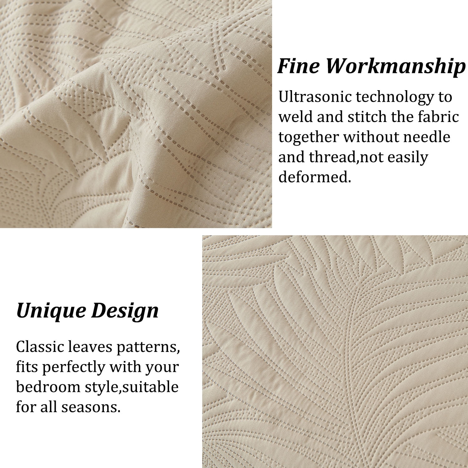 Evenhug 3-Piece King Quilt Set Soft Banana Leaves Pattern Bedding Set Lightweight Microfiber Ultrasonic Bedspread With Shams Suitable All Season(Beige,106"x96")