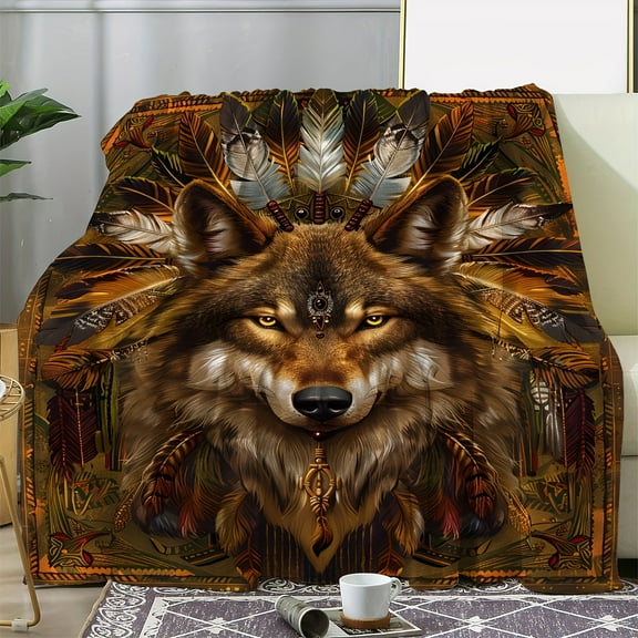 Vintage Wolf King Print Flannel Blanket - Comfortable, Soft, Warm Throw for Sofa, Bed, Car, Office, Camping - All-Season Red Gift Blanket with Intricate Feather Design, Machine Washable, Polyester