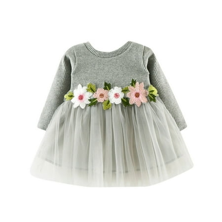

DNDKILG Infant Baby Girl Floral Dresses Long Sleeve Tulle Tutu Sundress Spring Dress Gray 0-24M 70