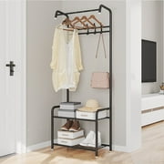 3-in-1 Entryway Coat Rack Shoe Bench Metal Hall Tree Clothes Stand 2 Layers Storage Bench Free Standing Clothes Organizer Hat Stand Rod for Hanging Jacket