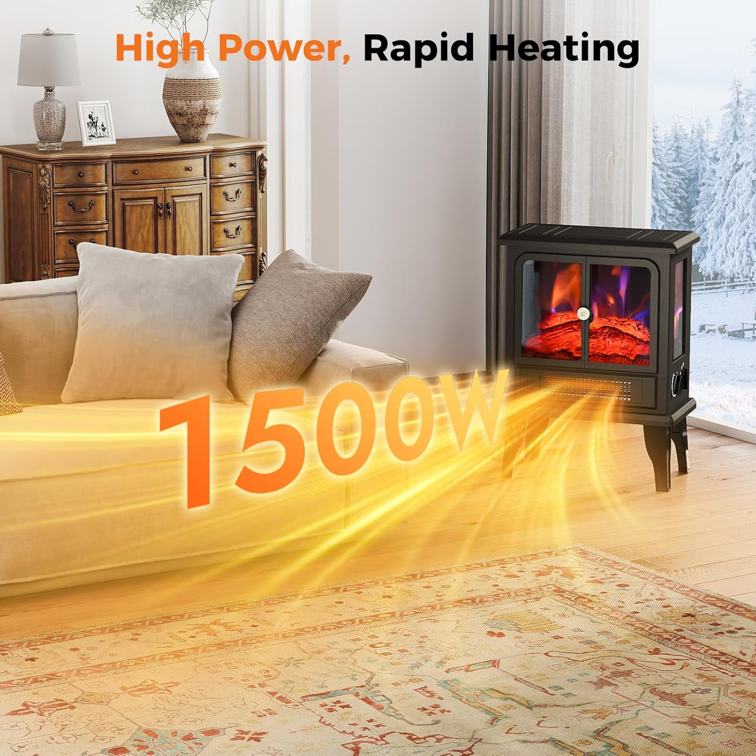 3D Electric Fireplace Stove With Infrared Quartz Heater with Life-Like Flame, Power 1500W, BTU 5120 Maximum Coverage 500 sq ft, Making Home Warm as Spring, 2-Setting Heat, UL Safety