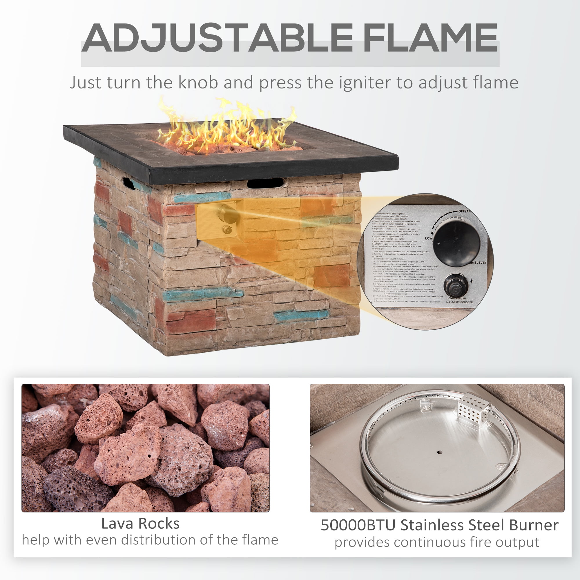 Outsunny Outdoor Propane Fire Pit Table Faux Brown Ledge Stone 32-inch Square Fire Table, 50,000BTU Auto Ignition Gas Firepits with Protective Cover