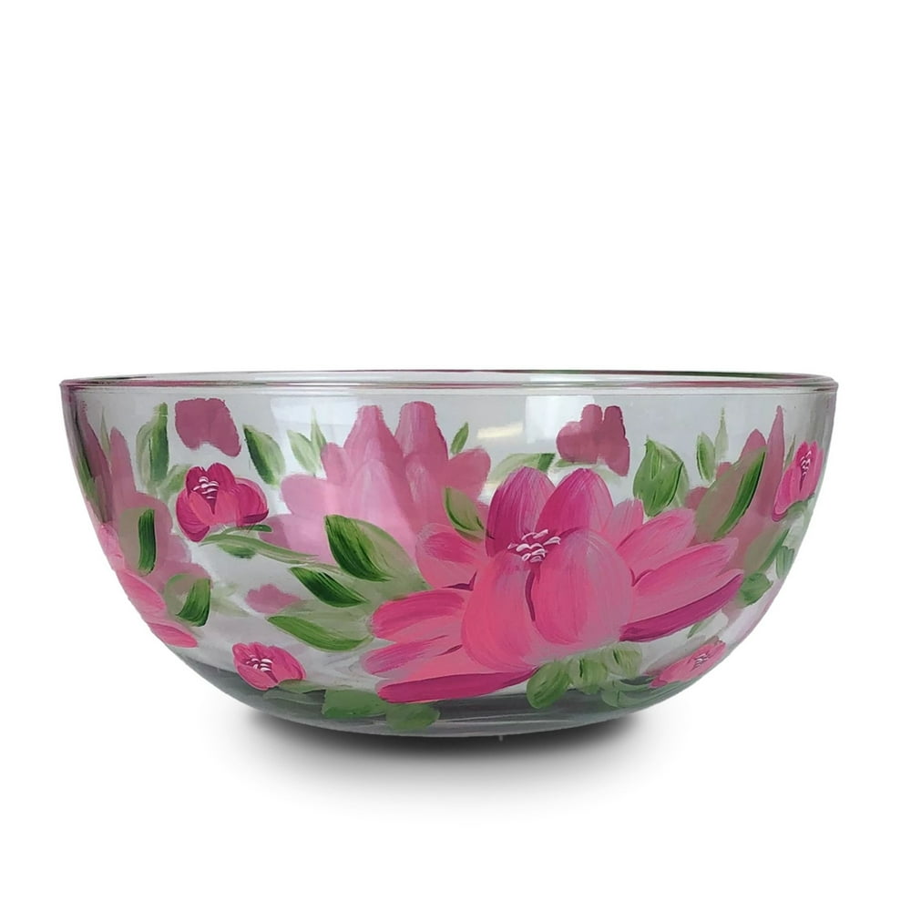 11" Pink Peony Floral Hand Painted Glass Serving Bowl