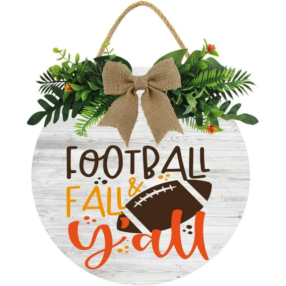 Eveokoki 12" Football Sign Football Fall Yall Round Hanging Sign Football Wooden Door Sign Door Hanger,Wood Hanging Decoration