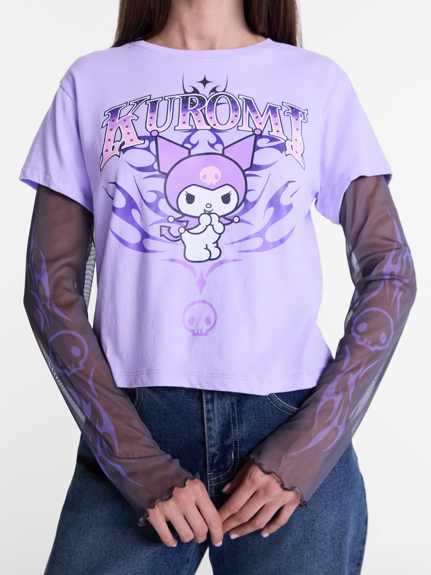 Sanrio Kuromi Women's Graphic Layered Mesh Tee with Long Sleeves, Sizes XXS-XXSL