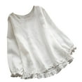 thumbnail image 2 of VKOYWKM Women's Cotton Linen Shirts Spring Summer Crew Neck Boho Top Vintage Solid Color Ruffle Trim Blouses Loose Casual Long Sleeve Tee Tops, 2 of 8