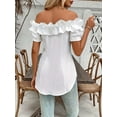 thumbnail image 4 of ZOELNIC Women's Sexy Ruffle Trim Off Shoulder Short Sleeve Button Down Blouse Shirts Summer Loose Tunic Tops, 2XL, 4 of 6