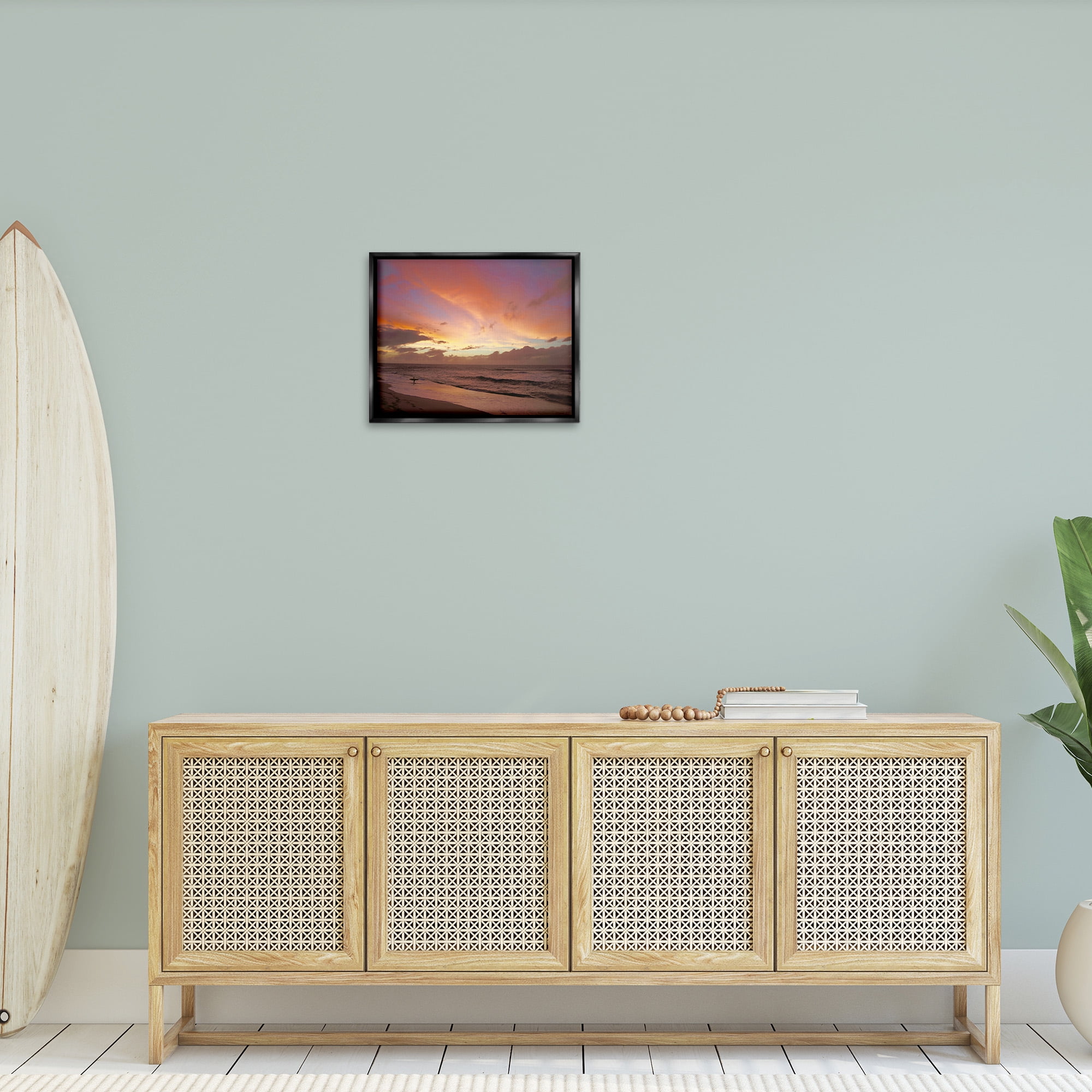 Stupell Industries Surfing Beach Waves at Sunset Nature Photography Black Floater Framed Canvas Art Print Wall Art, 21 x 17