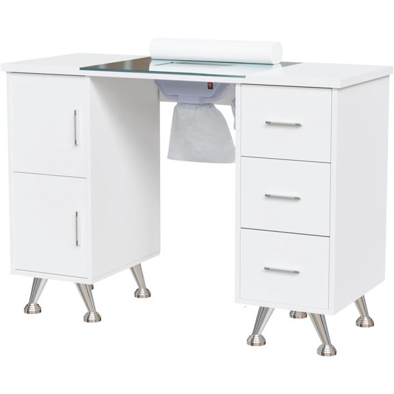 Manicure Table Nail Desk for Nail Tech w/Glass Top & Wrist Rest, Beauty Salon Nail Supplies Decor Workstation Acetone Resistant w/2 Side Cabinet 3 Drawers, White