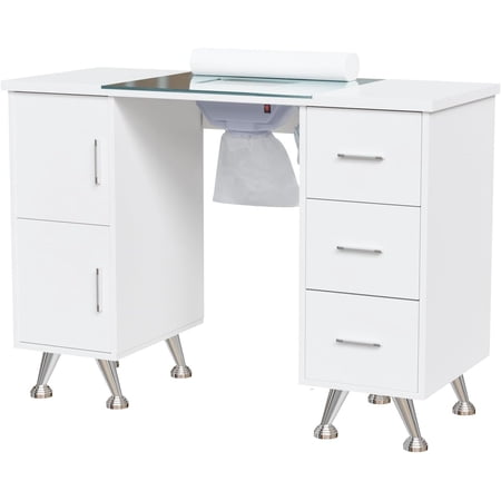 Manicure Table Nail Desk for Nail Tech w/Glass Top & Wrist Rest Beauty Salon Nail Supplies Decor Workstation Acetone Resistant w/2 Side Cabinet+3 Drawers White