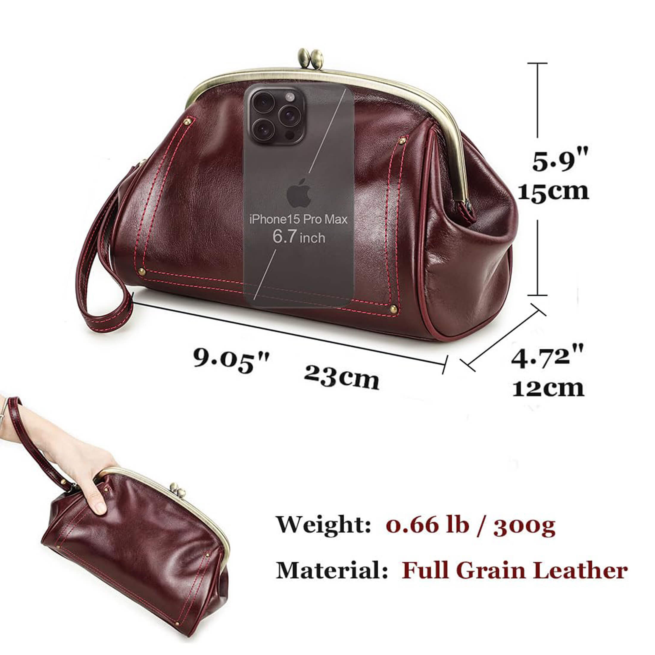 Contact's Dual Kiss Lock Clutch Bag for Women Leather Evening Bag Large Clutch Purse Vintage Handbag Phone Organizer (Wine Red)