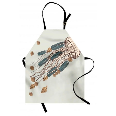 Boho Shell (Jellyfish Apron Boho Feather Tentacles Shells Vintage Art Print Under the Sea Tribal Fish, Unisex Kitchen Bib Apron with Adjustable Neck for Cooking Baking Gardening, Gray Beige Brown, by)
