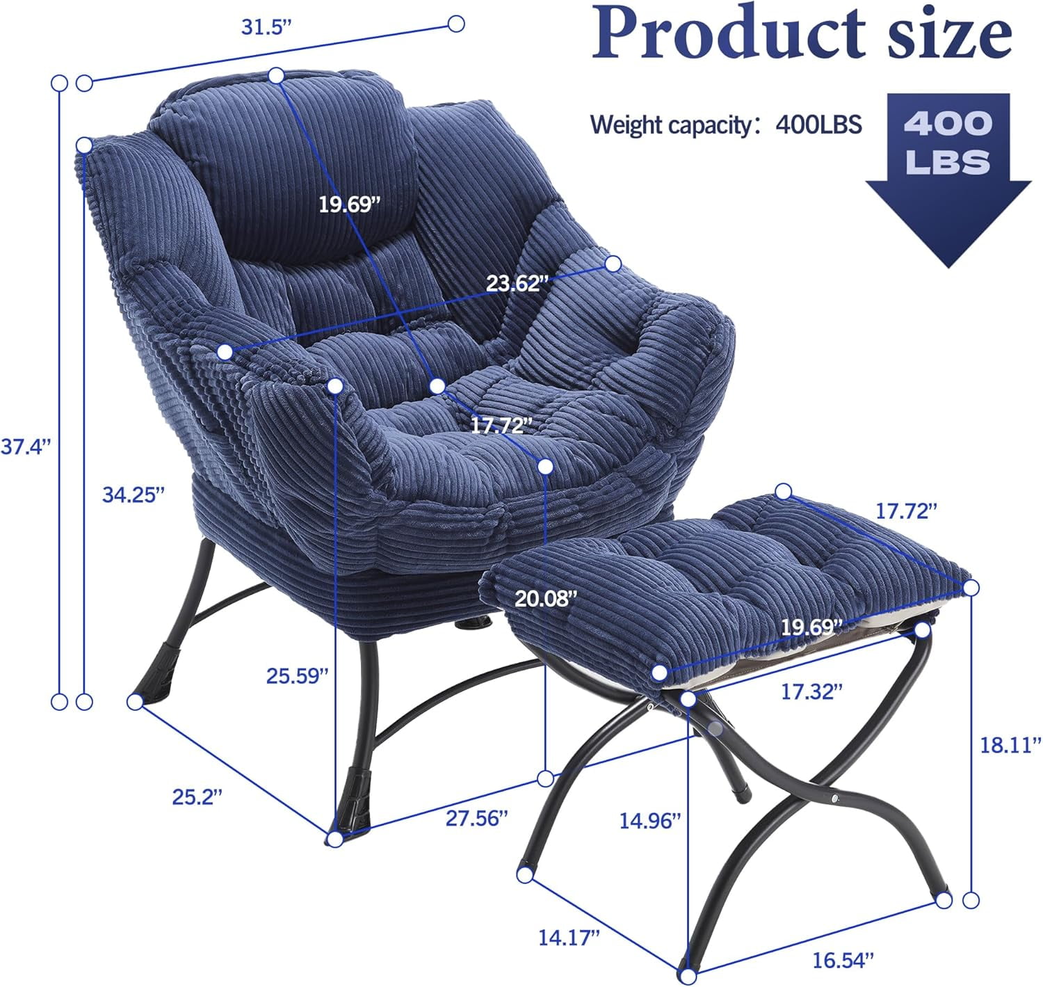 MOONMISS Corduroy Upholstered Oversized Lazy Chair Set of 2 with Folding Ottoman and a Side Pocket,Navy Blue
