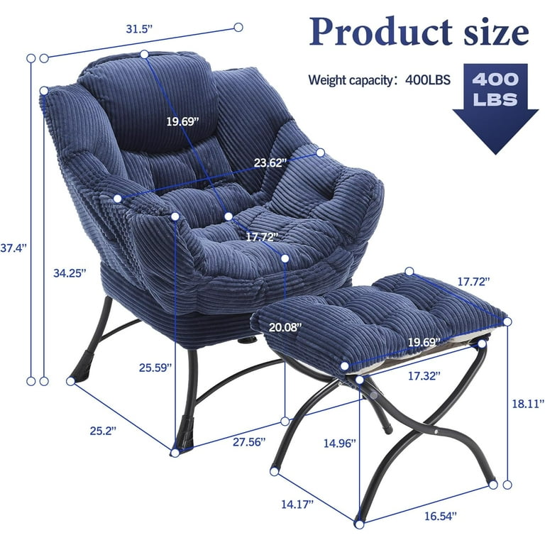 MOONMISS Corduroy Oversized Lazy Chair Set of 2 with Ottoman, Navy photo 2