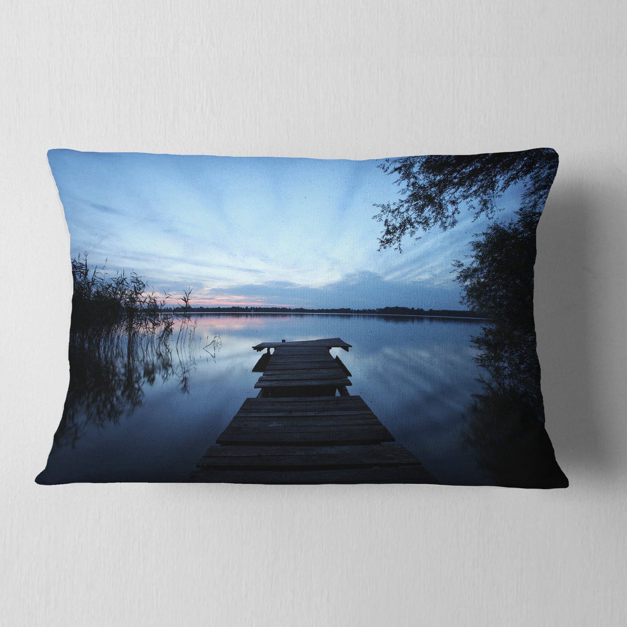 Designart Dark Wooden Pier in Lake - Seascape Throw Pillow - 12x20