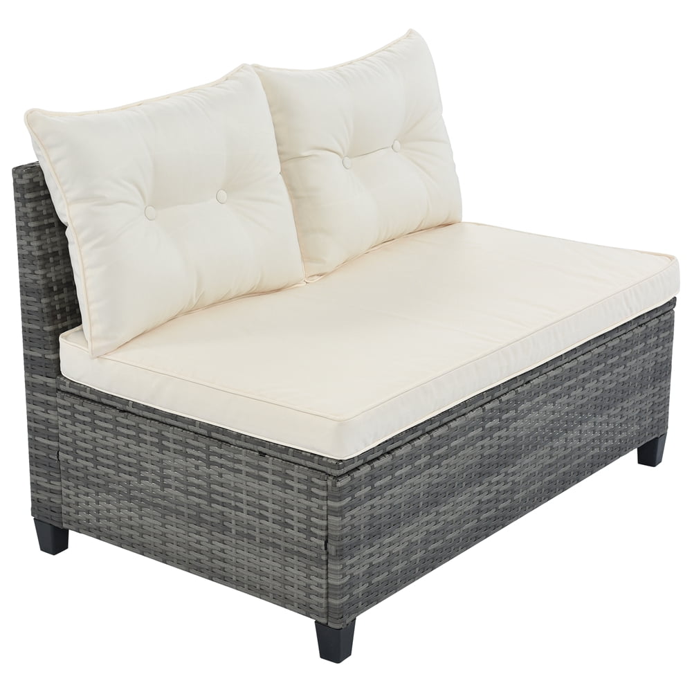 8 Pieces Outdoor Wicker Round Furniture Set, All Weather Half-Moon Sectional Patio Sofa Sets with Rectangular Coffee Table, Beige